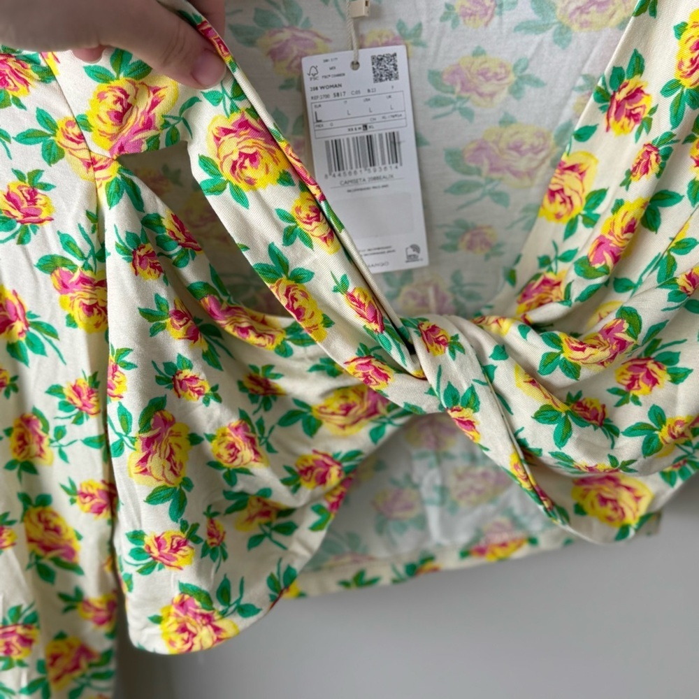 MANGO Women’s Bright Floral Printed Knot Long Sleeve Crop Top Size Large - Picture 10 of 13